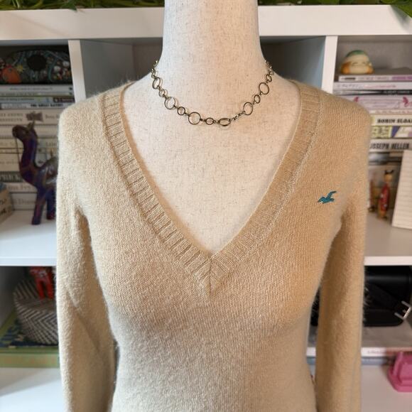 Hollister Co. Y2K 2000s Rare Vintage V-neck Logo Preppy Sweater - Tan Wms Medium - Picture 2 of 9
